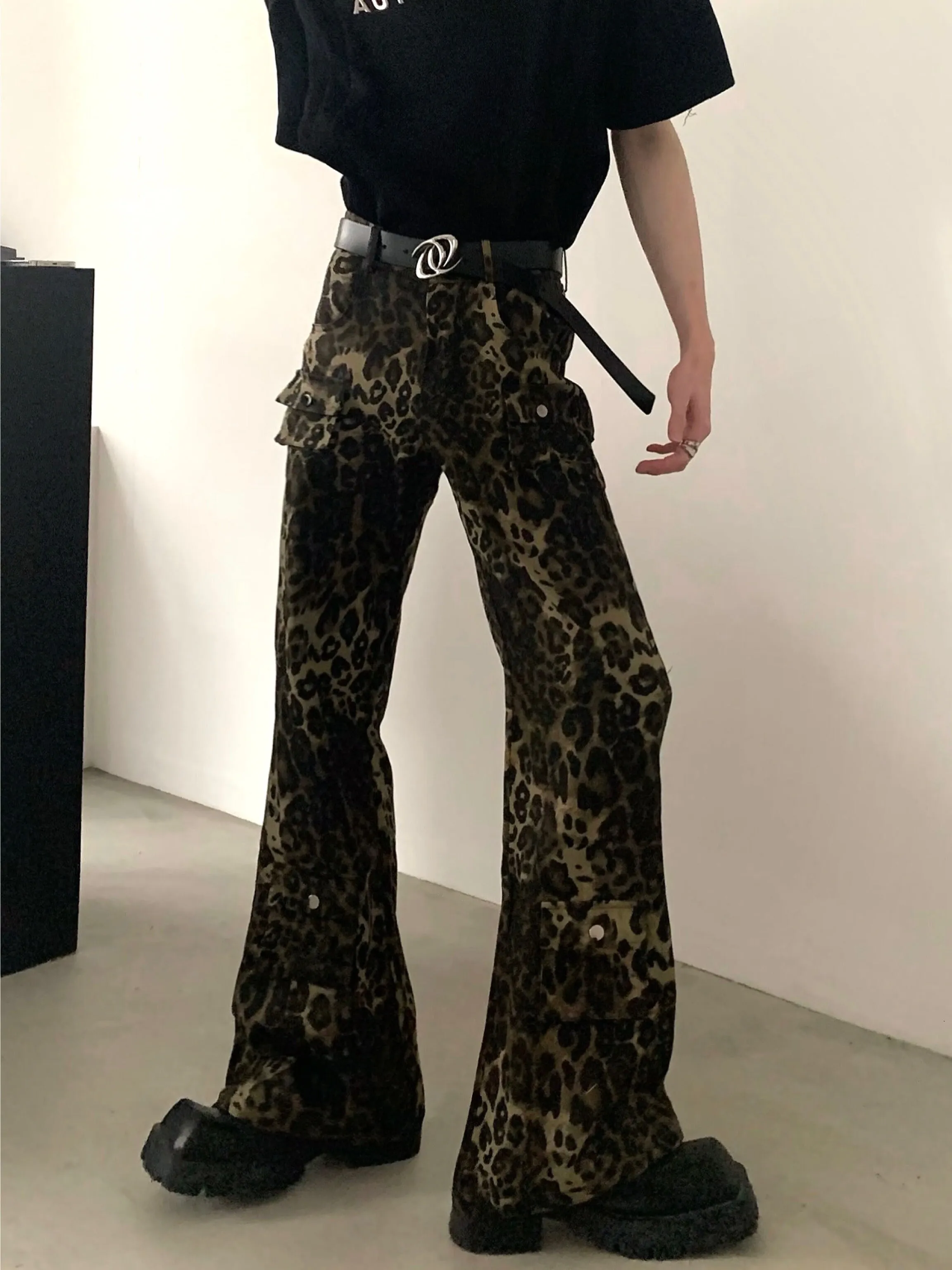 【24s Dec,】American Retro Leopard Print High Waist Flared Jeans