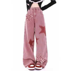 Aiertu Women's Pink Jeans Letters Printed High-waisted American Street Wide Leg Pants Hip-hop Fashion Retro Straight Y2K Winter Pants