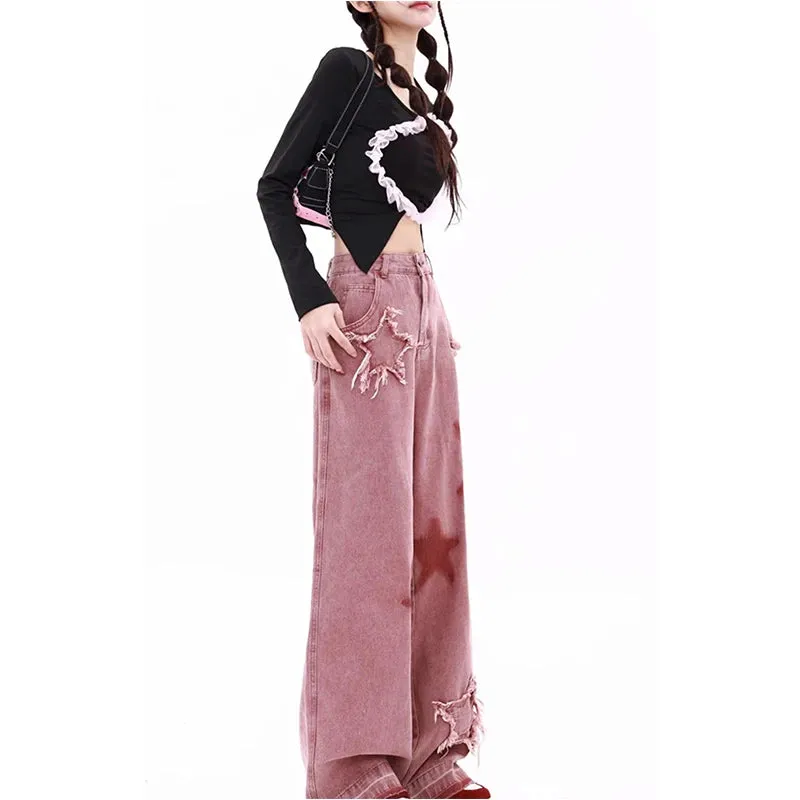 Aiertu Women's Pink Jeans Letters Printed High-waisted American Street Wide Leg Pants Hip-hop Fashion Retro Straight Y2K Winter Pants