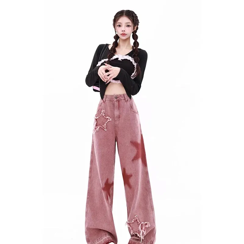 Aiertu Women's Pink Jeans Letters Printed High-waisted American Street Wide Leg Pants Hip-hop Fashion Retro Straight Y2K Winter Pants