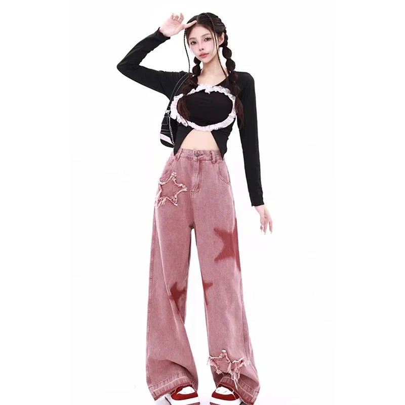 Aiertu Women's Pink Jeans Letters Printed High-waisted American Street Wide Leg Pants Hip-hop Fashion Retro Straight Y2K Winter Pants