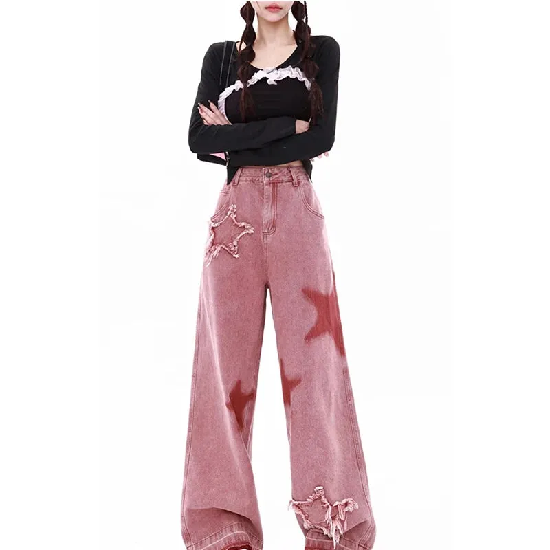 Aiertu Women's Pink Jeans Letters Printed High-waisted American Street Wide Leg Pants Hip-hop Fashion Retro Straight Y2K Winter Pants