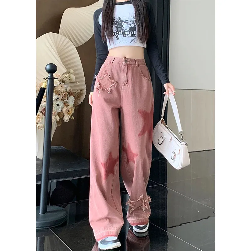 Aiertu Women's Pink Jeans Letters Printed High-waisted American Street Wide Leg Pants Hip-hop Fashion Retro Straight Y2K Winter Pants