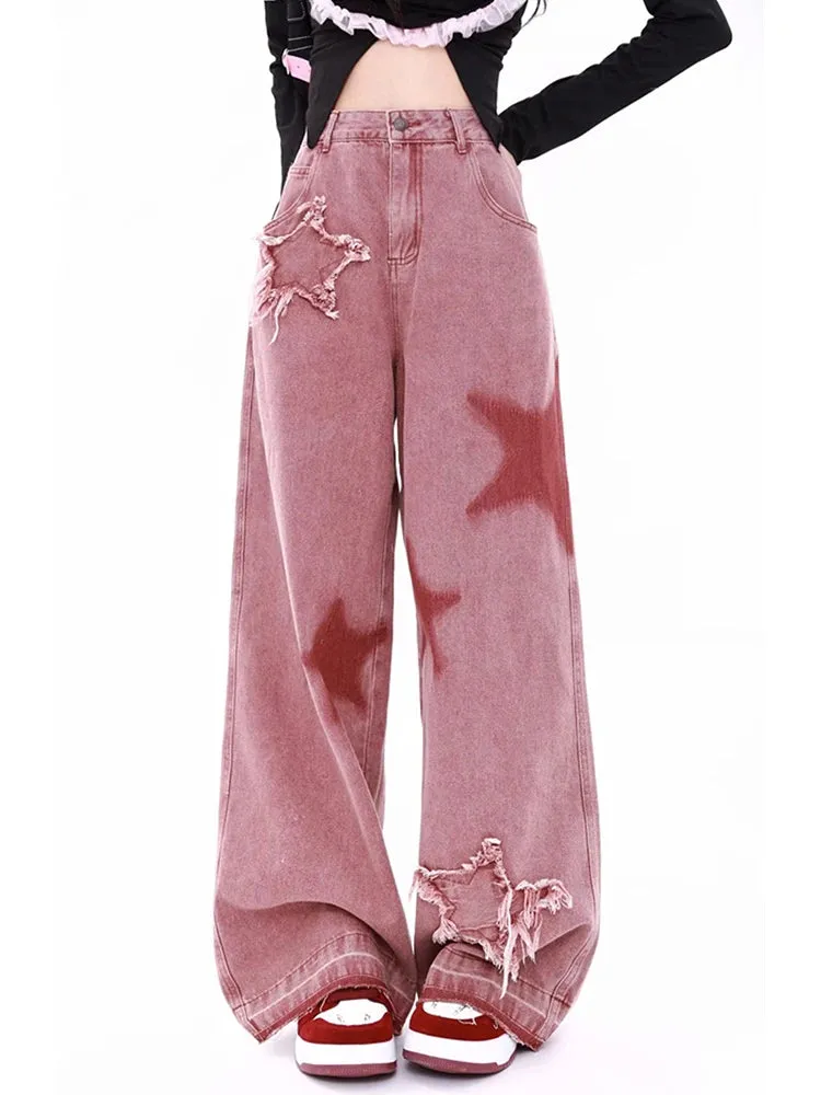 Aiertu Women's Pink Jeans Letters Printed High-waisted American Street Wide Leg Pants Hip-hop Fashion Retro Straight Y2K Winter Pants