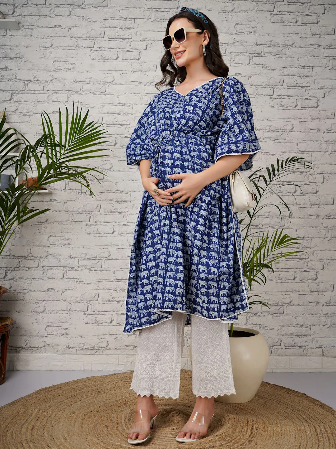 ALIA - DARK BLUE AND WHITE TRADITIONAL PRINT MATERNITY KAFTAN SET WITH EMBROI