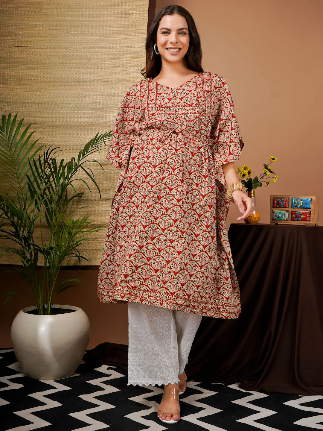 ALIA - RED AND WHITE GEOMETRIC PRINT MATERNITY  KAFTAN SET WITH EMBROI