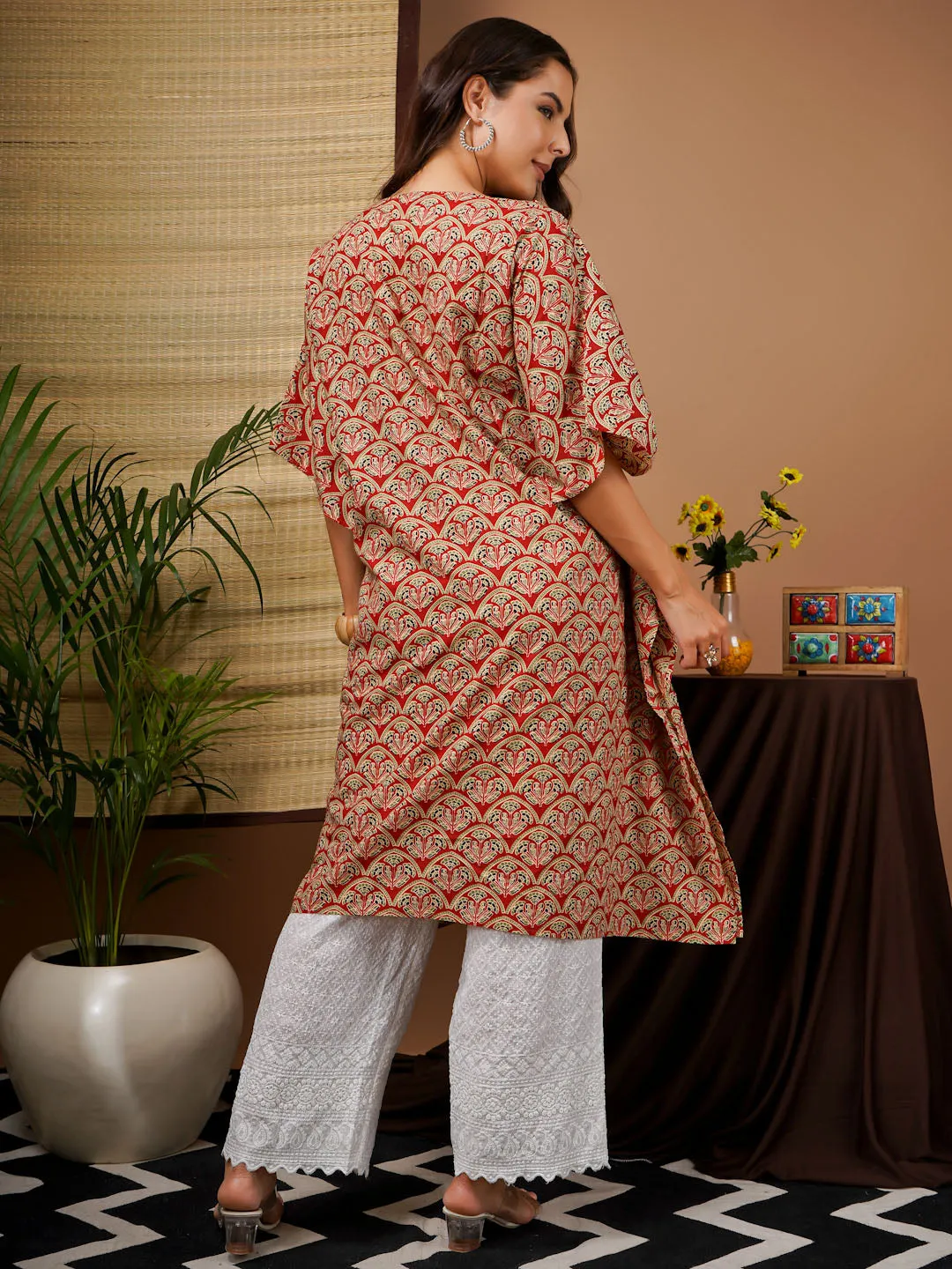 ALIA - RED AND WHITE GEOMETRIC PRINT MATERNITY  KAFTAN SET WITH EMBROI