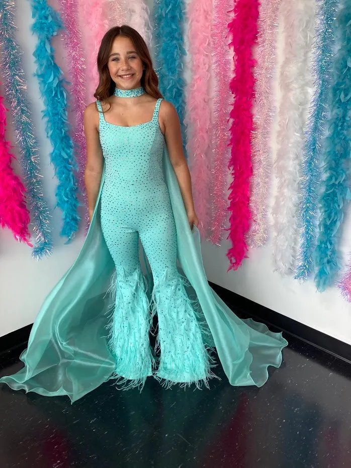 Ashley Lauren Kids 8210 Size 12 Aqua Pageant Jumpsuit Crystal Feather Embellished Bell Bottom Cape