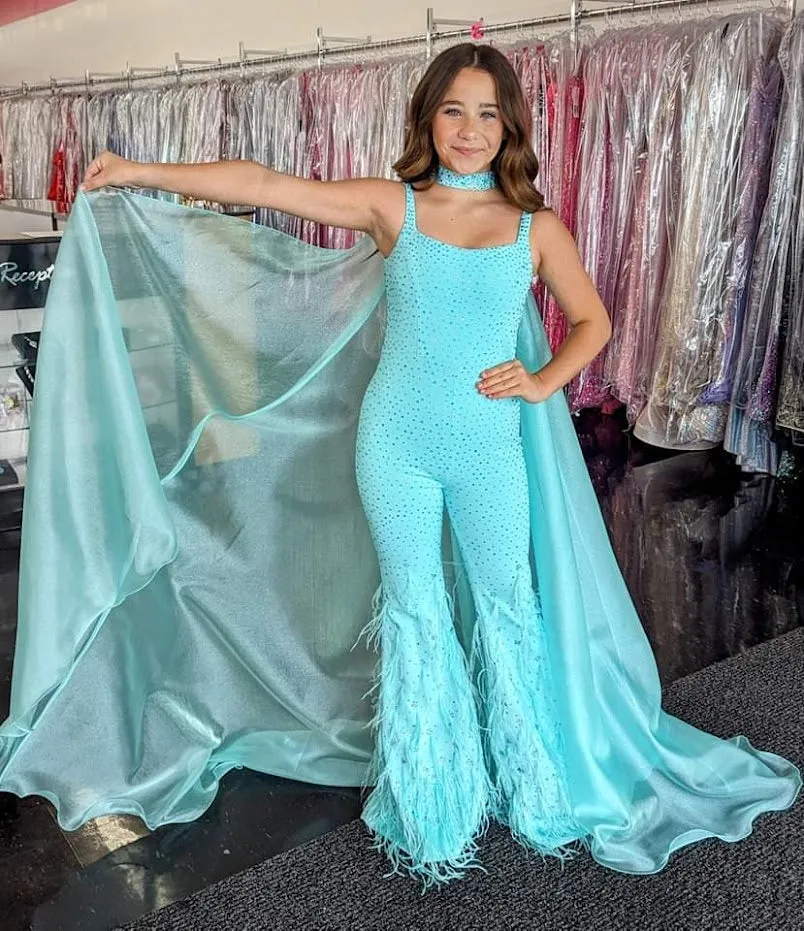 Ashley Lauren Kids 8210 Size 12 Aqua Pageant Jumpsuit Crystal Feather Embellished Bell Bottom Cape