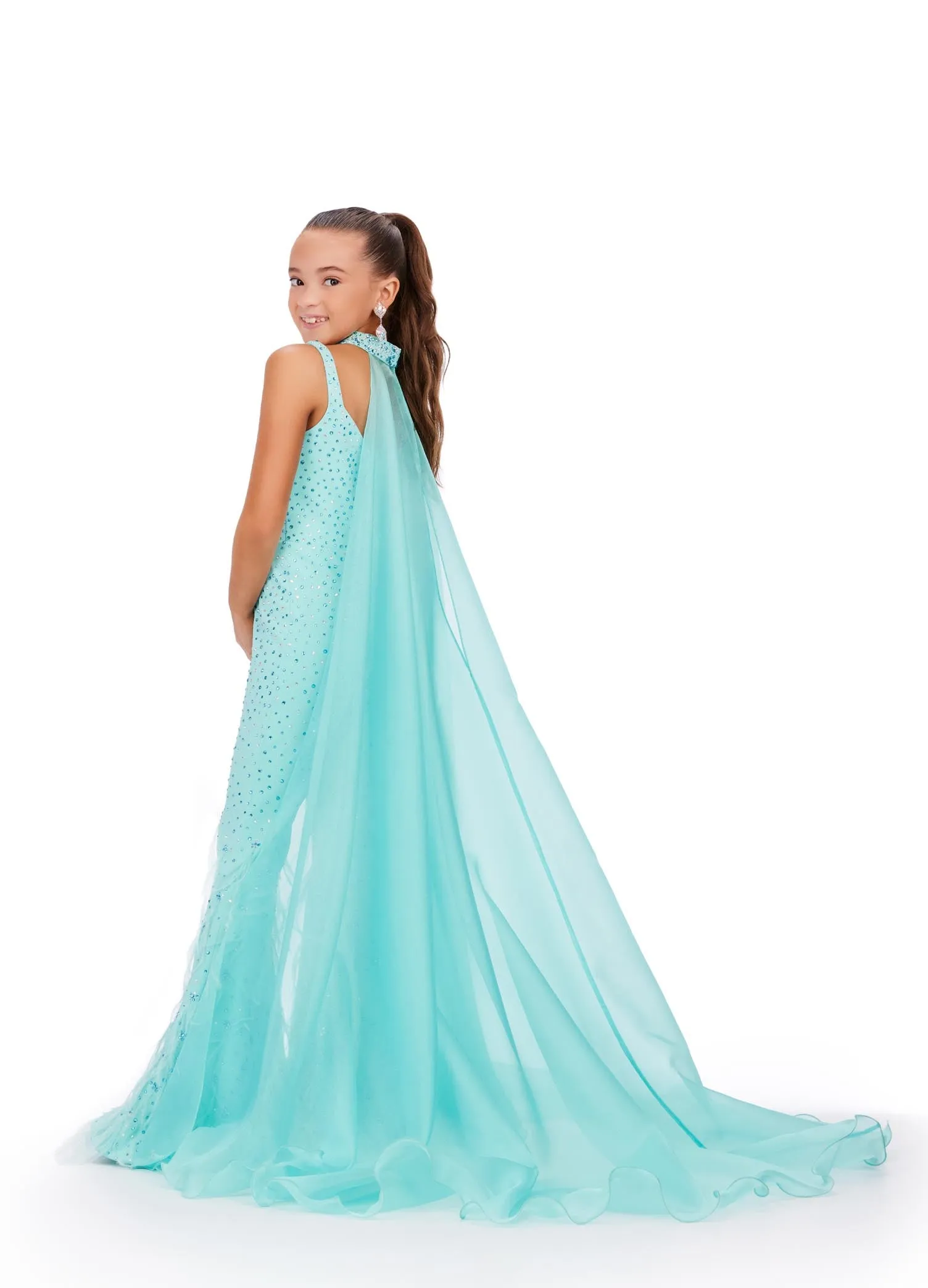 Ashley Lauren Kids 8210 Size 12 Aqua Pageant Jumpsuit Crystal Feather Embellished Bell Bottom Cape