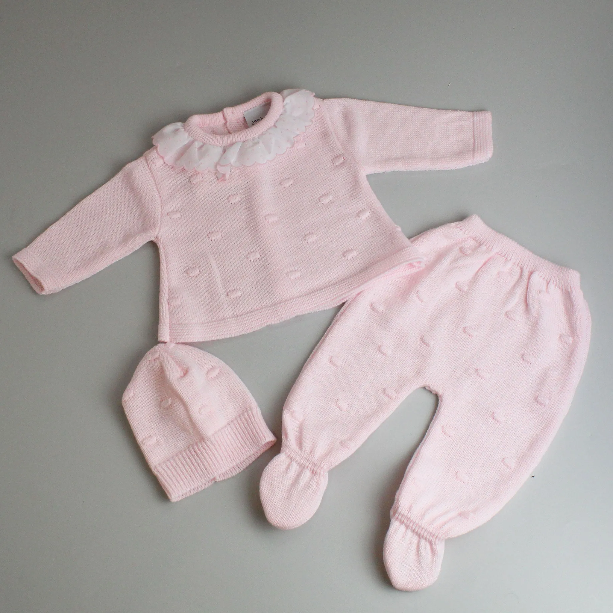 Baby Girl Pink Knitted Three Piece Outfit - Top, Trousers and Hat