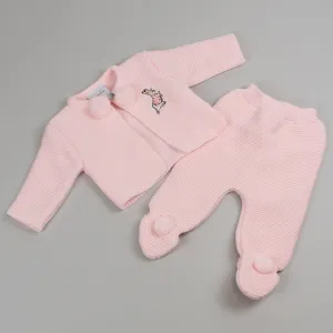 Baby Girl Pink Pram Suit Knitted Two Piece Outfit-Rabbit