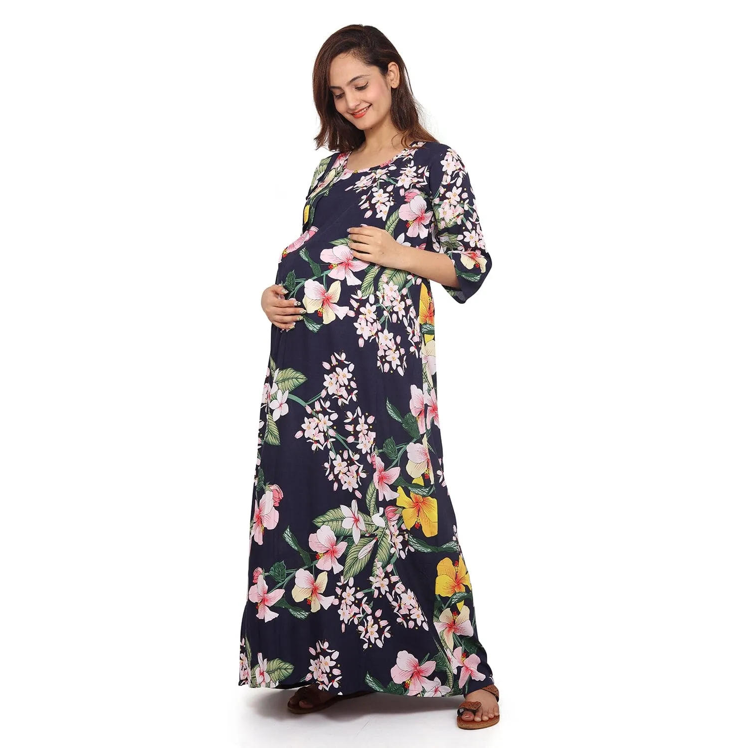 Baby Moo Full Length Comfortable Nursing And Maternity Dress Floral Lily - Blue