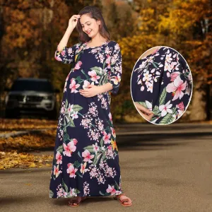 Baby Moo Full Length Comfortable Nursing And Maternity Dress Floral Lily - Blue