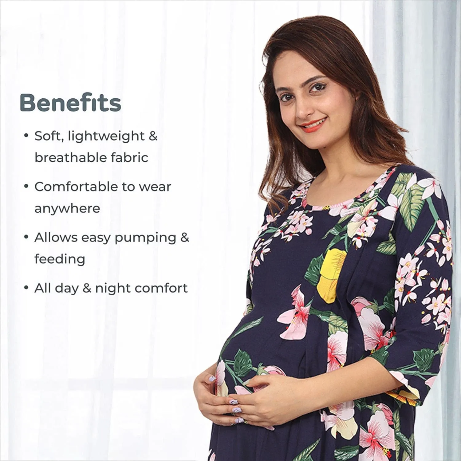 Baby Moo Full Length Comfortable Nursing And Maternity Dress Floral Lily - Blue