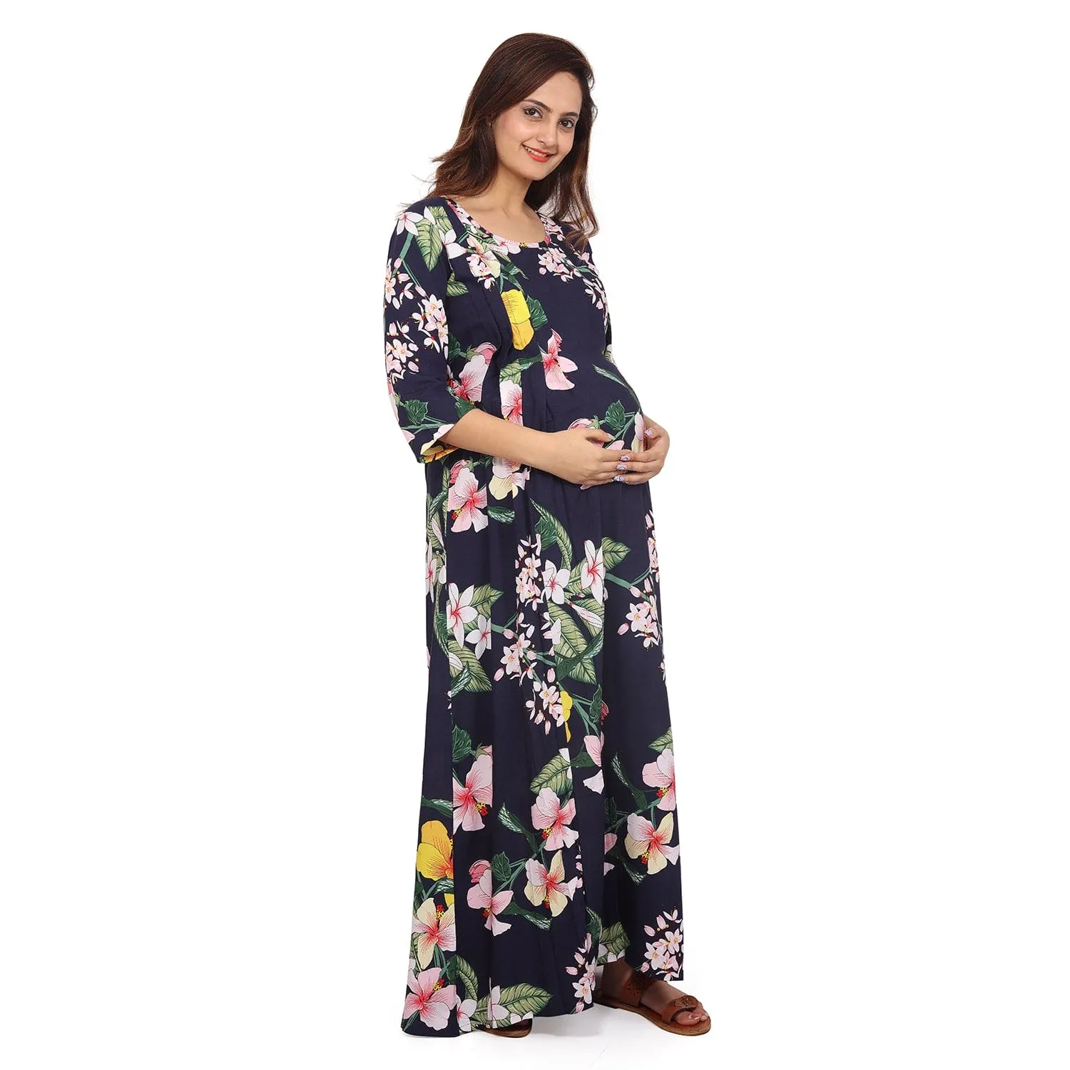 Baby Moo Full Length Comfortable Nursing And Maternity Dress Floral Lily - Blue