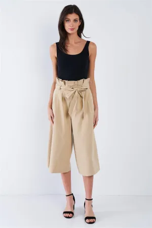 Beige Cotton Ruffle High Waist Wide Leg Gaucho Pants  /1-2-1