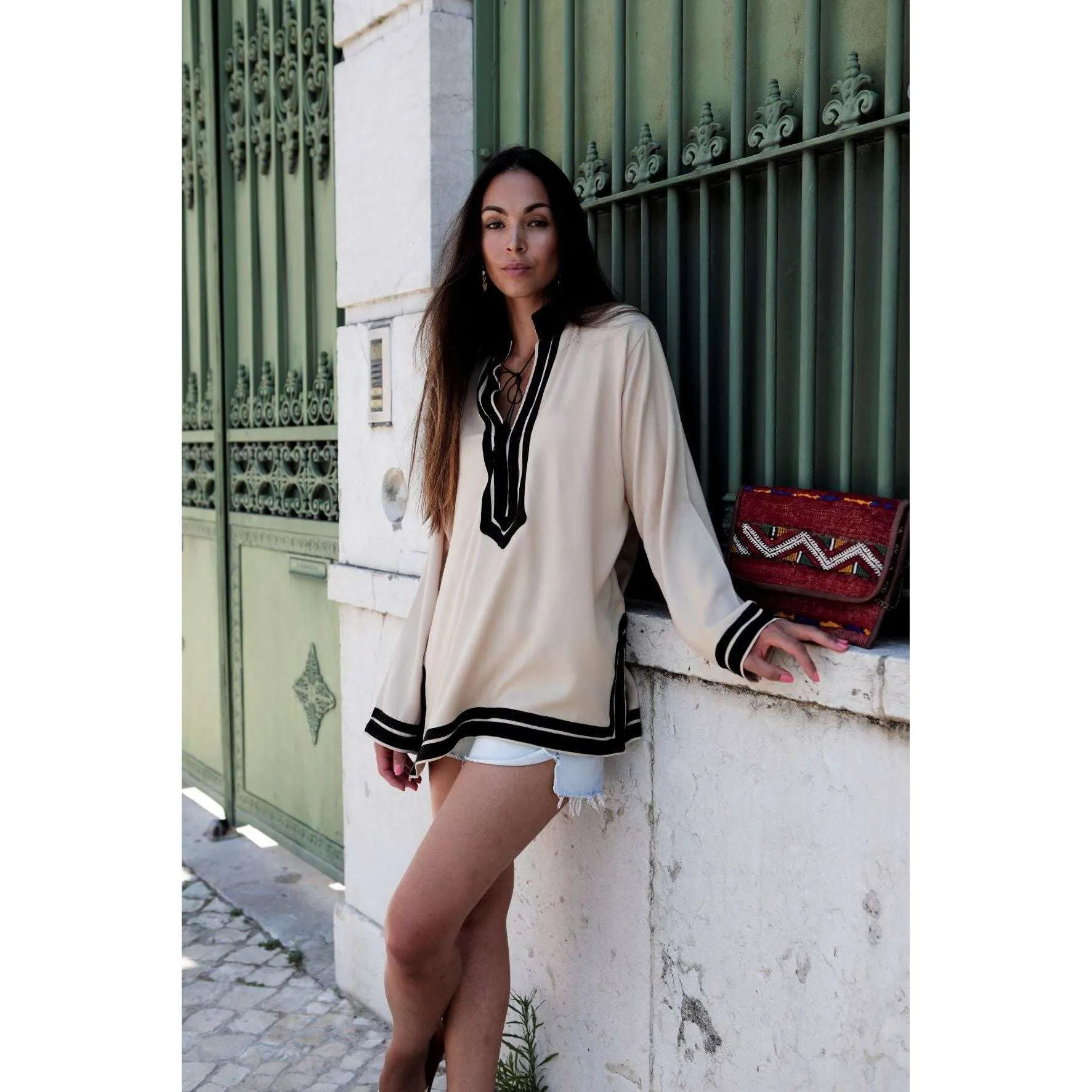 Beige Mariam Moroccan Tunic Shirt- Resortwear, Loungewear, Holidaywear, bohemian style tunic