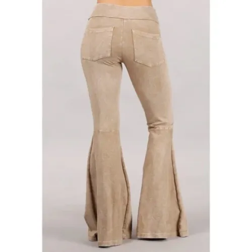 Beige Mineral Wash French Terry Flared Bell Bottom Pull On Pants w/ Pockets