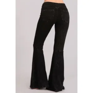 Black Mineral Wash French Terry Flared Bell Bottom Pull On Pants w/ Pockets