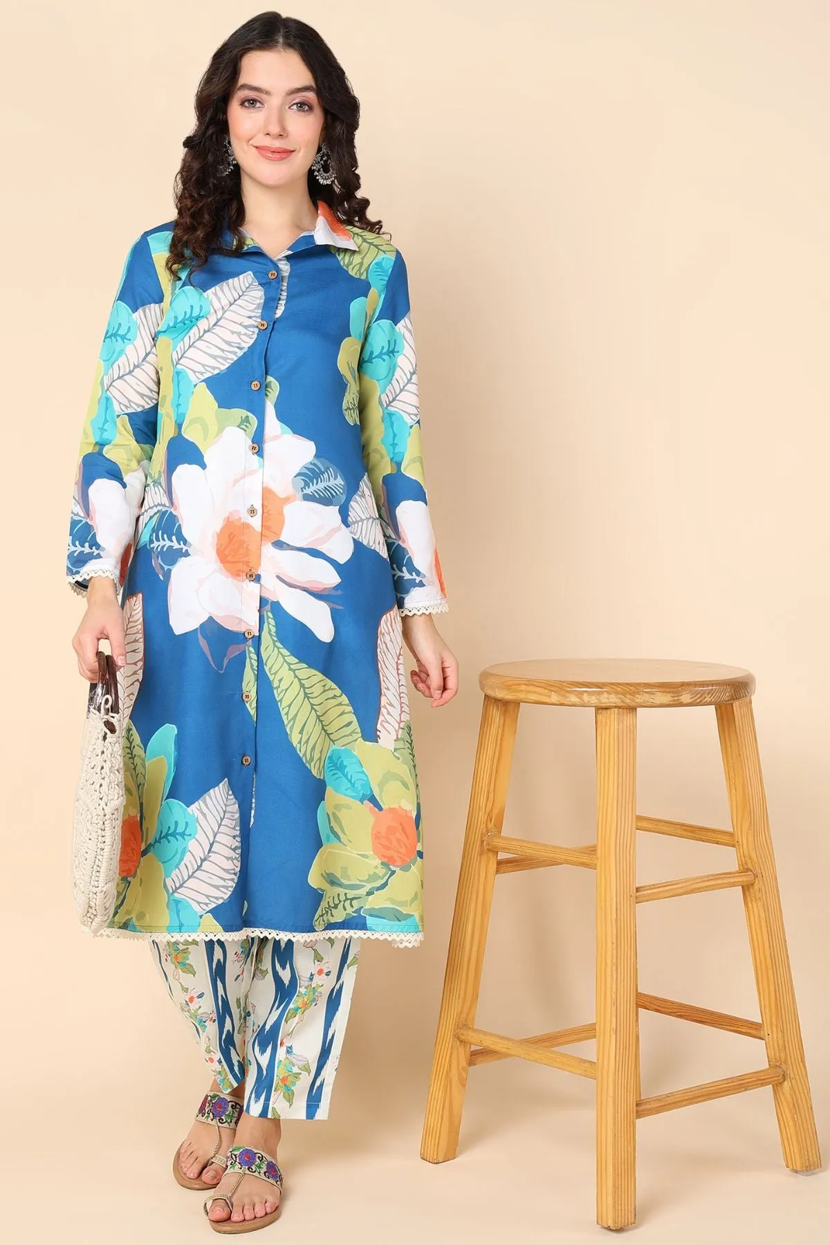 Blue Maternity Kurti Pant Set with Zipless Feeding & Pocket