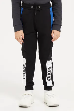 Boys Black Printed Track Pants