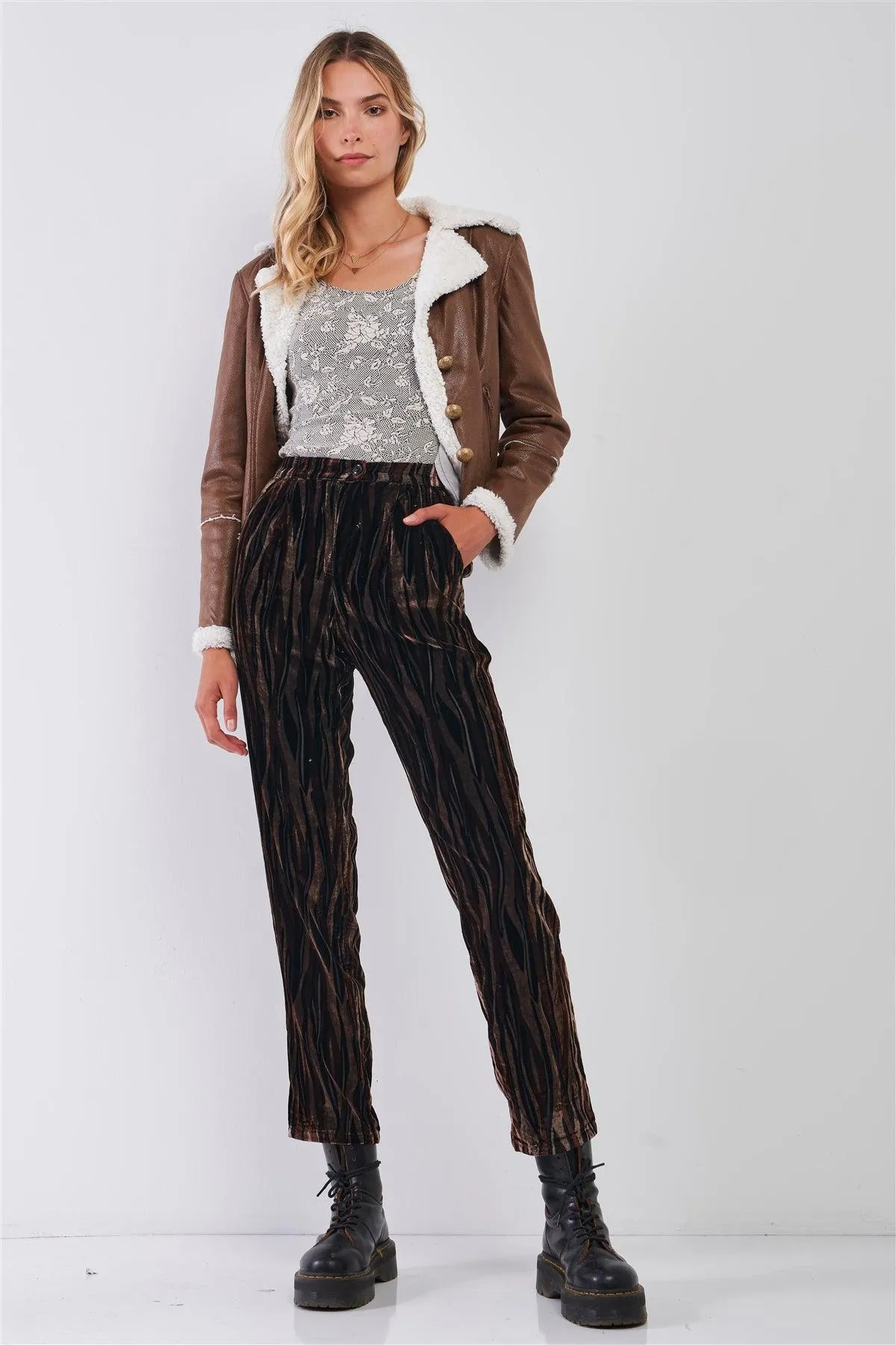 Brown Tiger Stripe Print Velvet Buttoned High Waist Balloon Pants