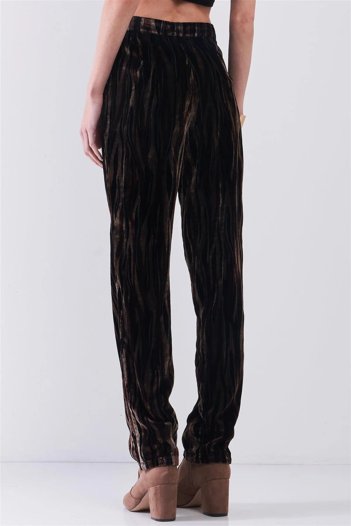 Brown Tiger Stripe Print Velvet Buttoned High Waist Balloon Pants