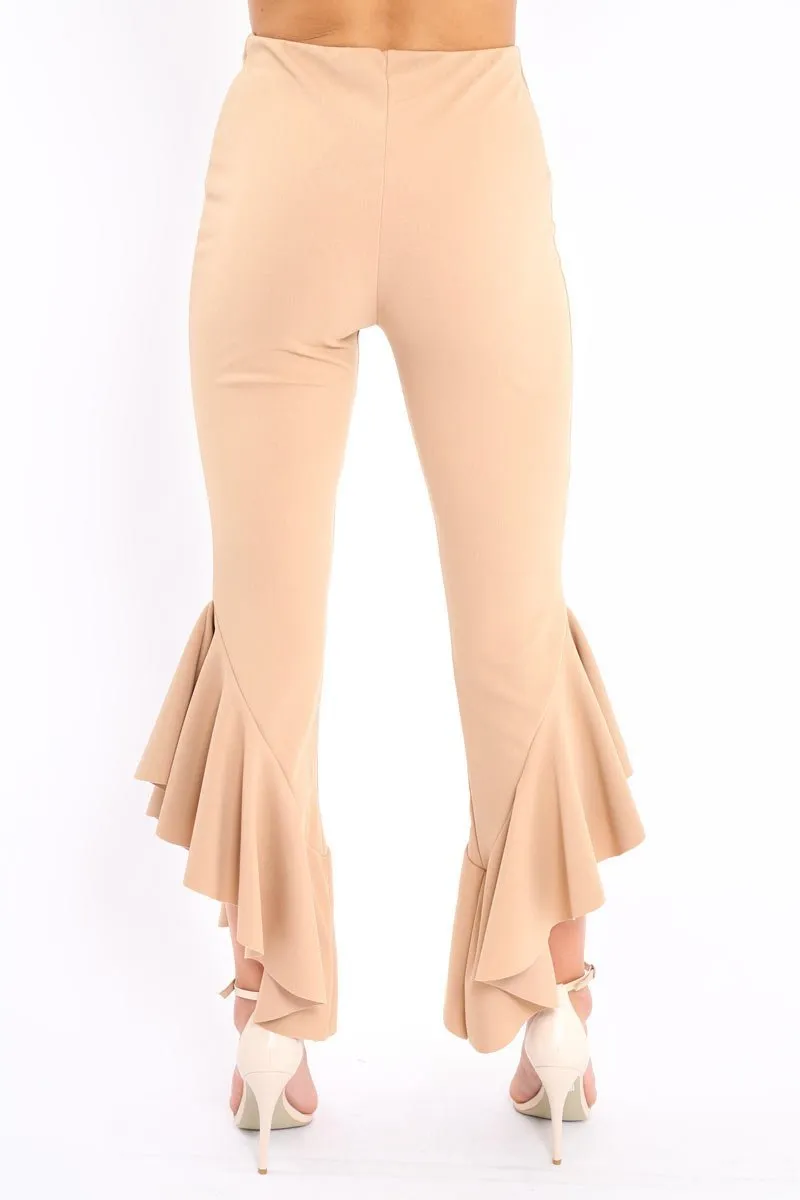 Camel Frill Flare Hem Trousers - Ashlie