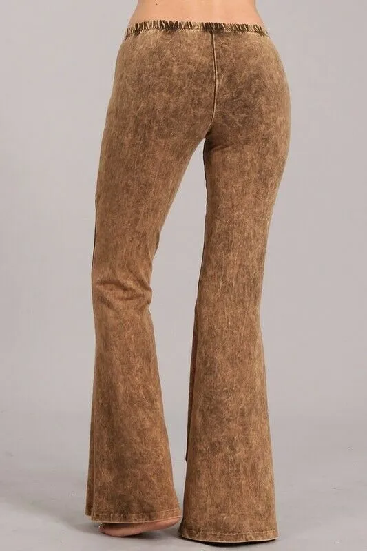 Chestnut Brown Boho Mineral Wash Flared Bell Bottom Stretch Pull On Pants Womens