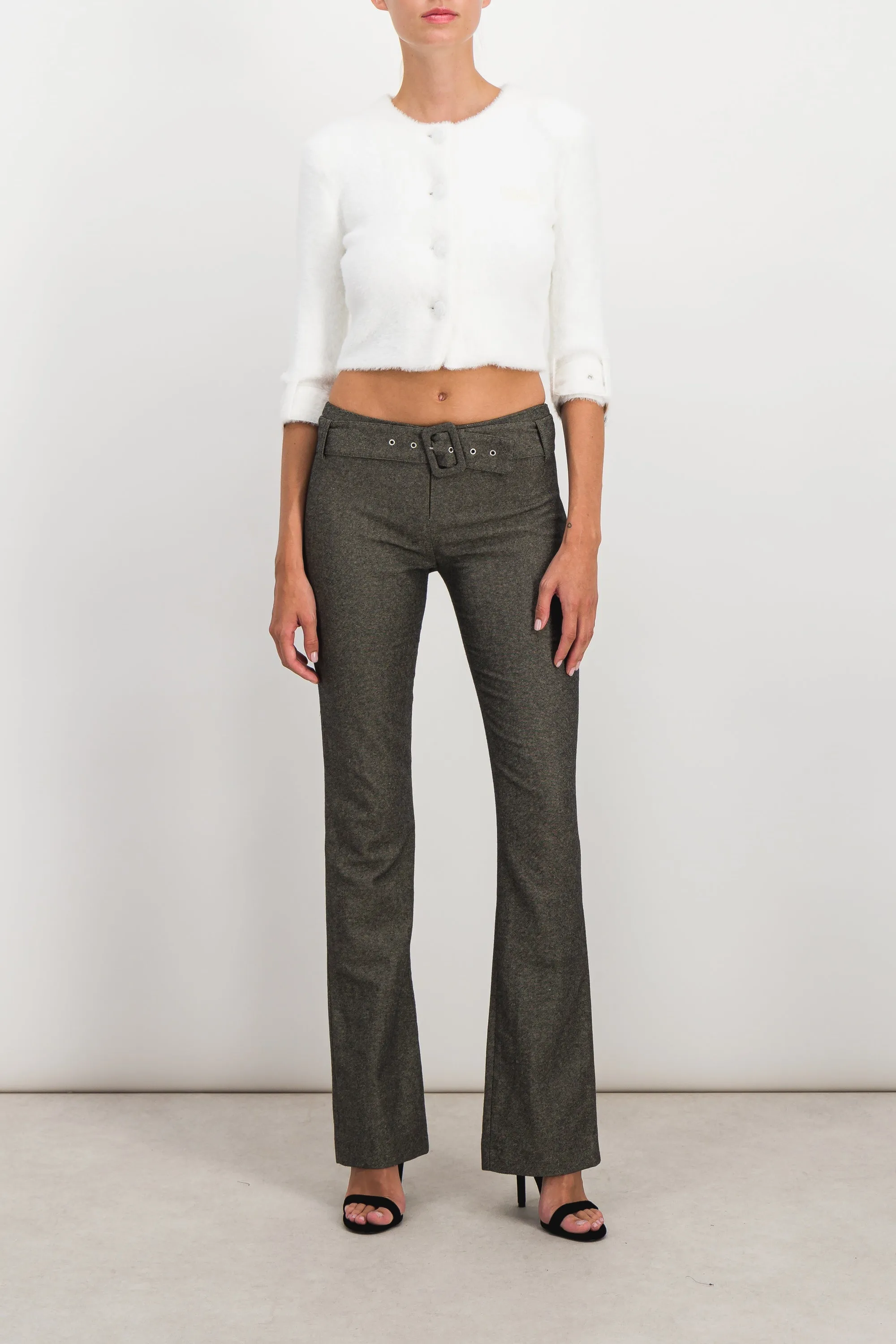 Dark grey belted flared slim pants