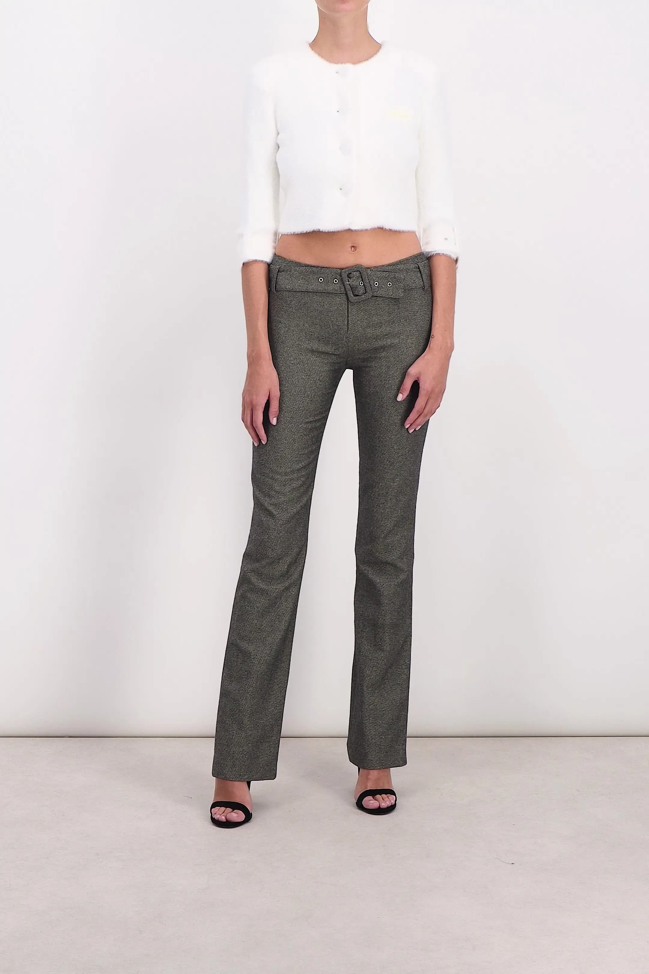 Dark grey belted flared slim pants