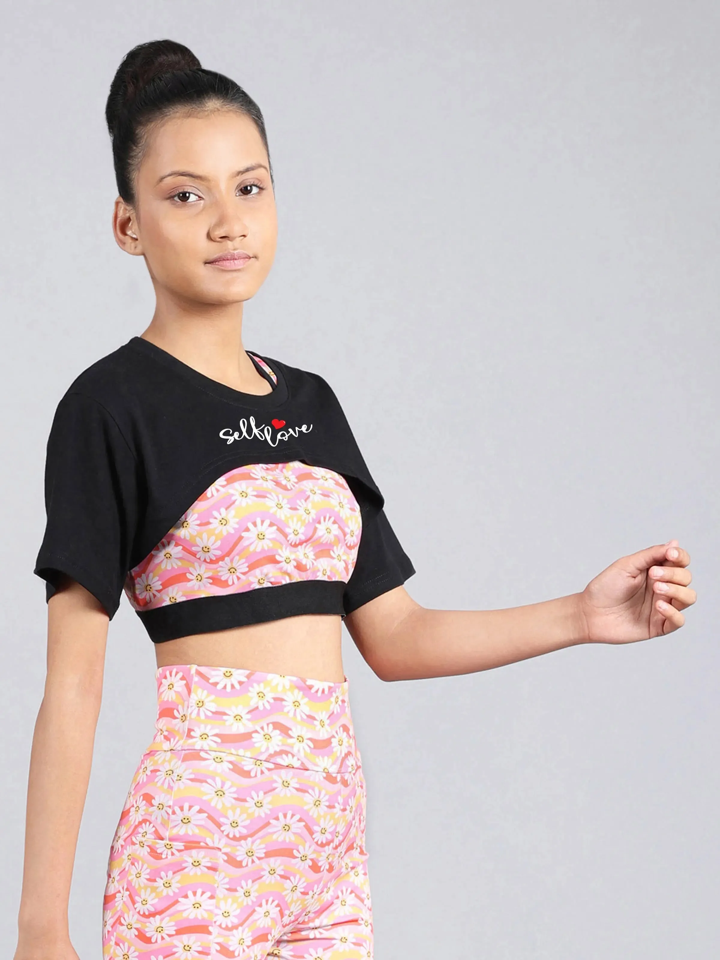 D’chica Solid coloured Bust Cut Active Wear Short Sleeve Stylish Cropped Exercise Top for Girls