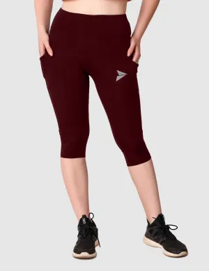 Fitinc Maroon Capri for Women with Mobile Pockets