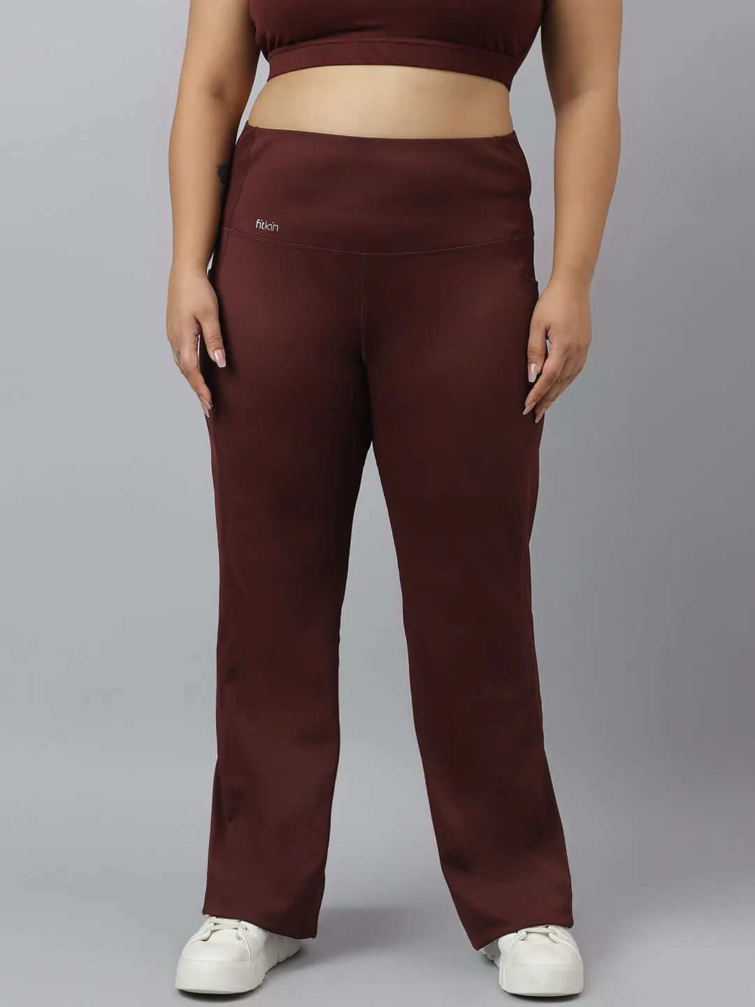 Fitkin Plus Size Active Track Gym Bootcut Flare Brown Pants