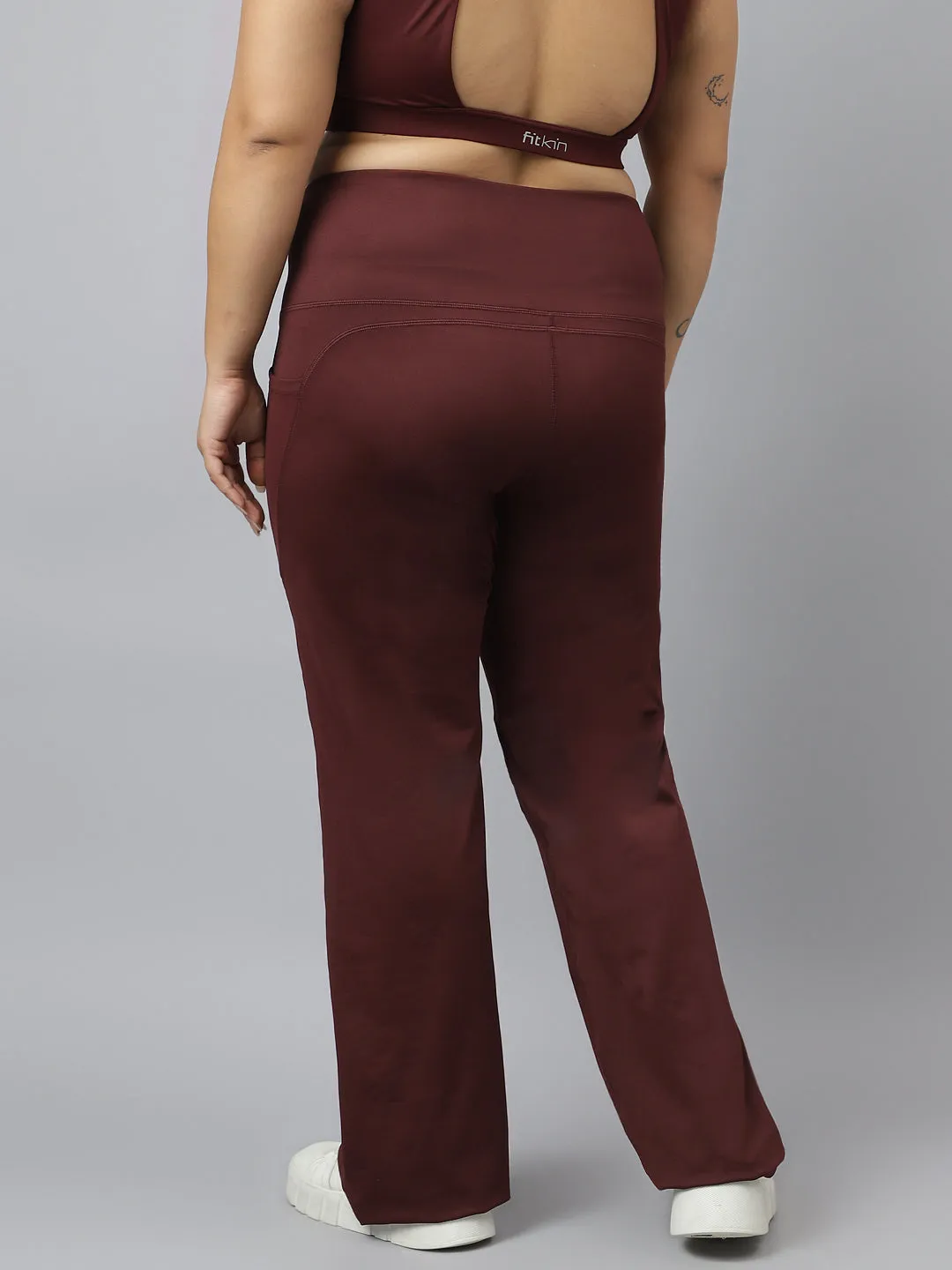 Fitkin Plus Size Active Track Gym Bootcut Flare Brown Pants