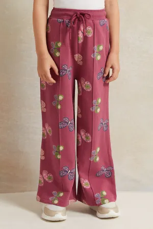 Girls Burgundy Printed Wide Leg Active Pants