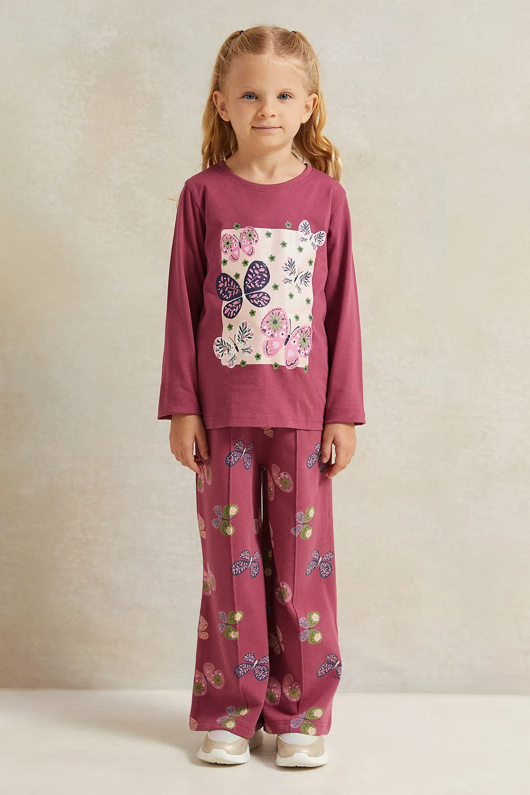 Girls Burgundy Printed Wide Leg Active Pants