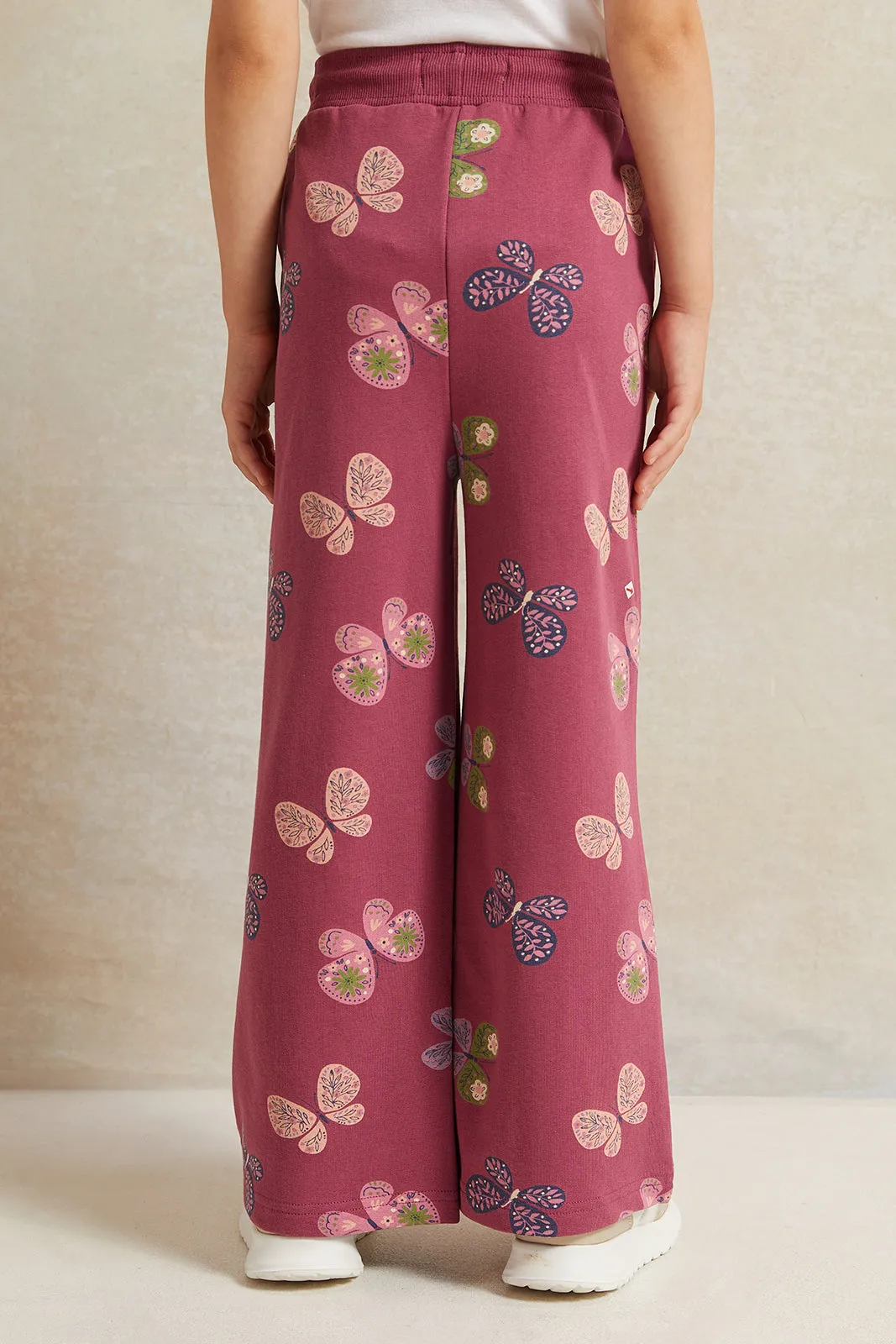 Girls Burgundy Printed Wide Leg Active Pants