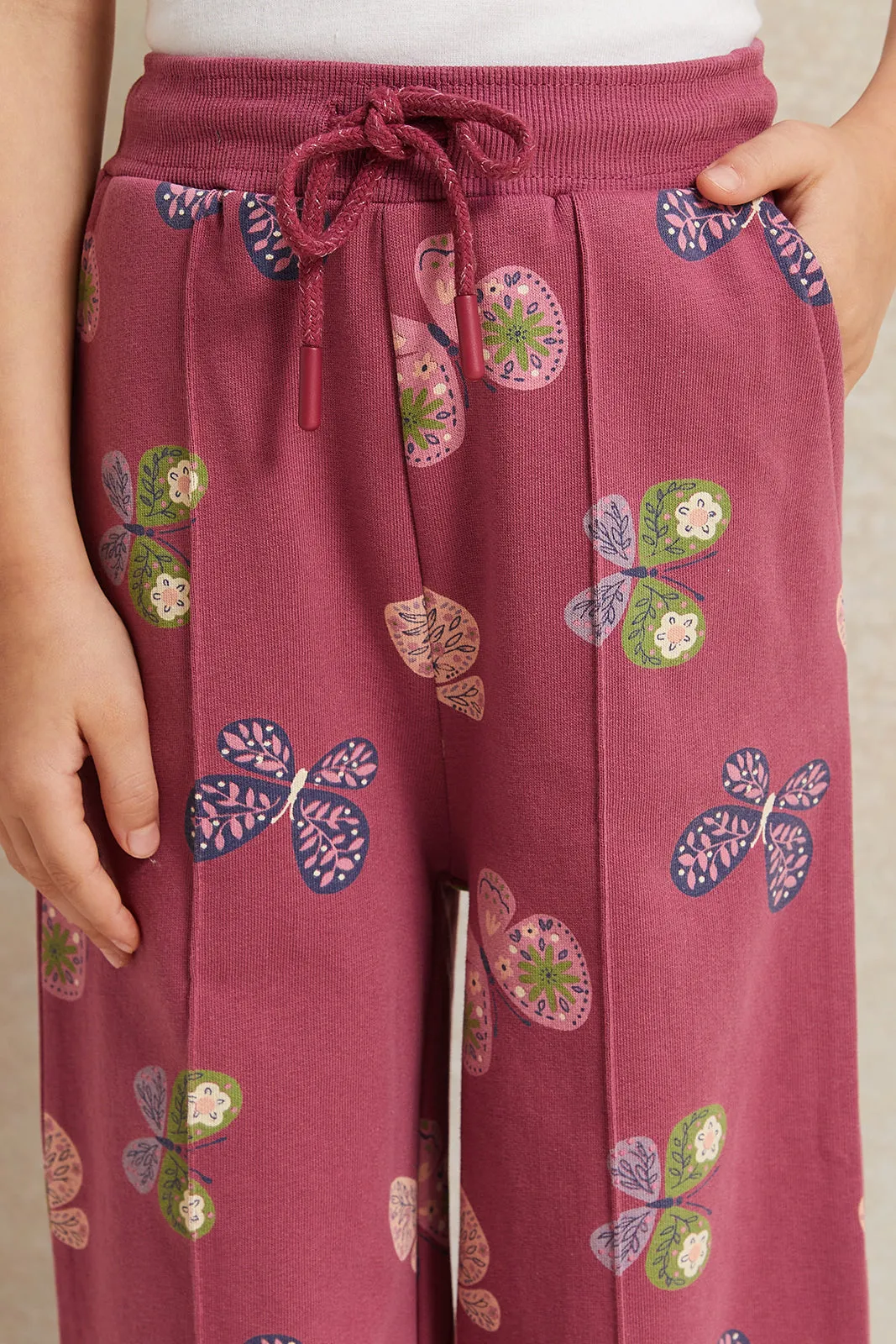 Girls Burgundy Printed Wide Leg Active Pants