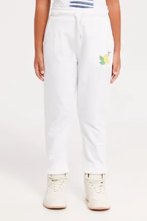 Girls White Embroidered Track Pants