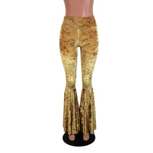 High Waisted Bell Bottom Flares - Gold Crushed Velvet