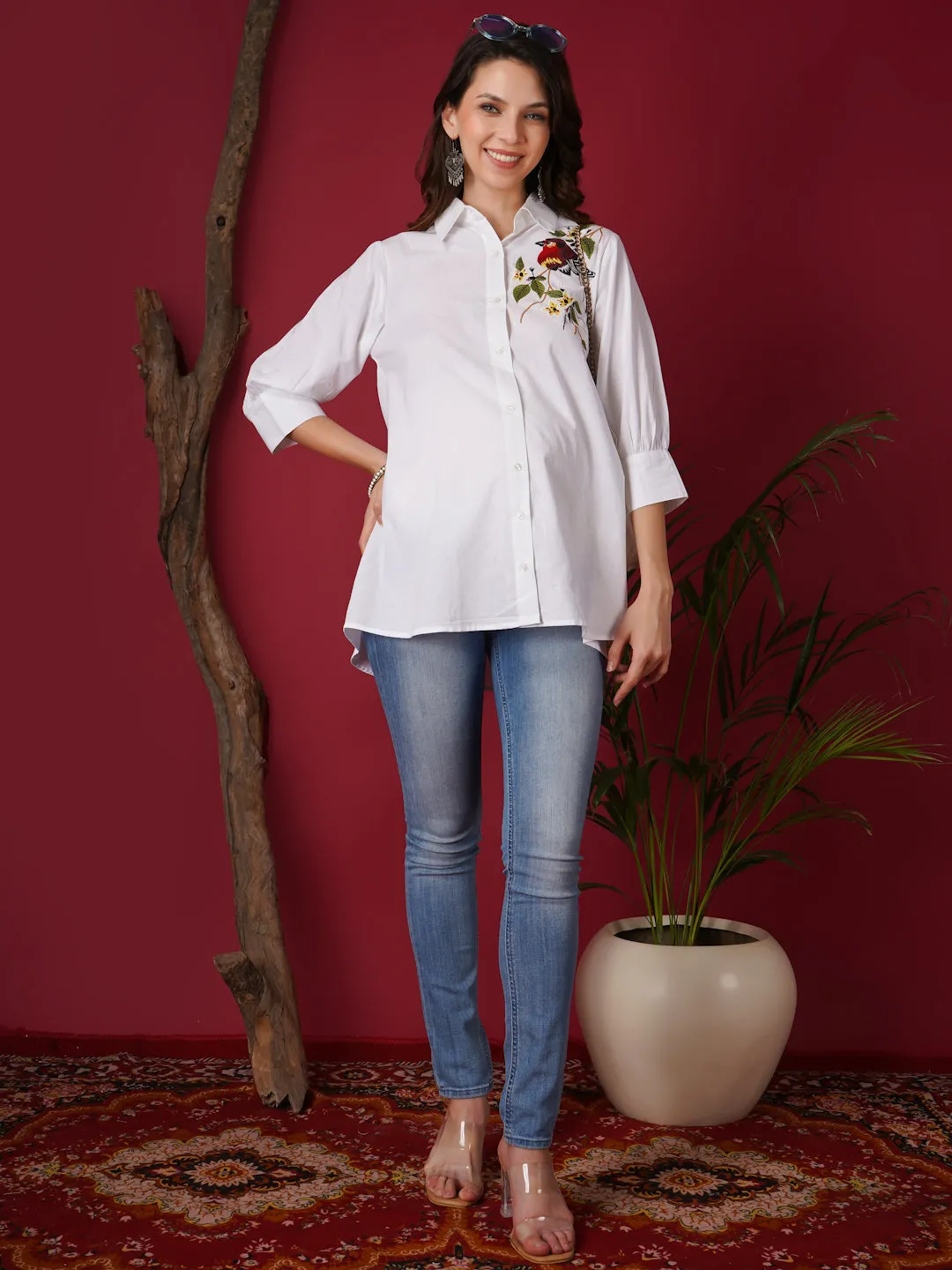 LILY - BLACK FACE EMBROI WHITE MATERNITY SHIRT