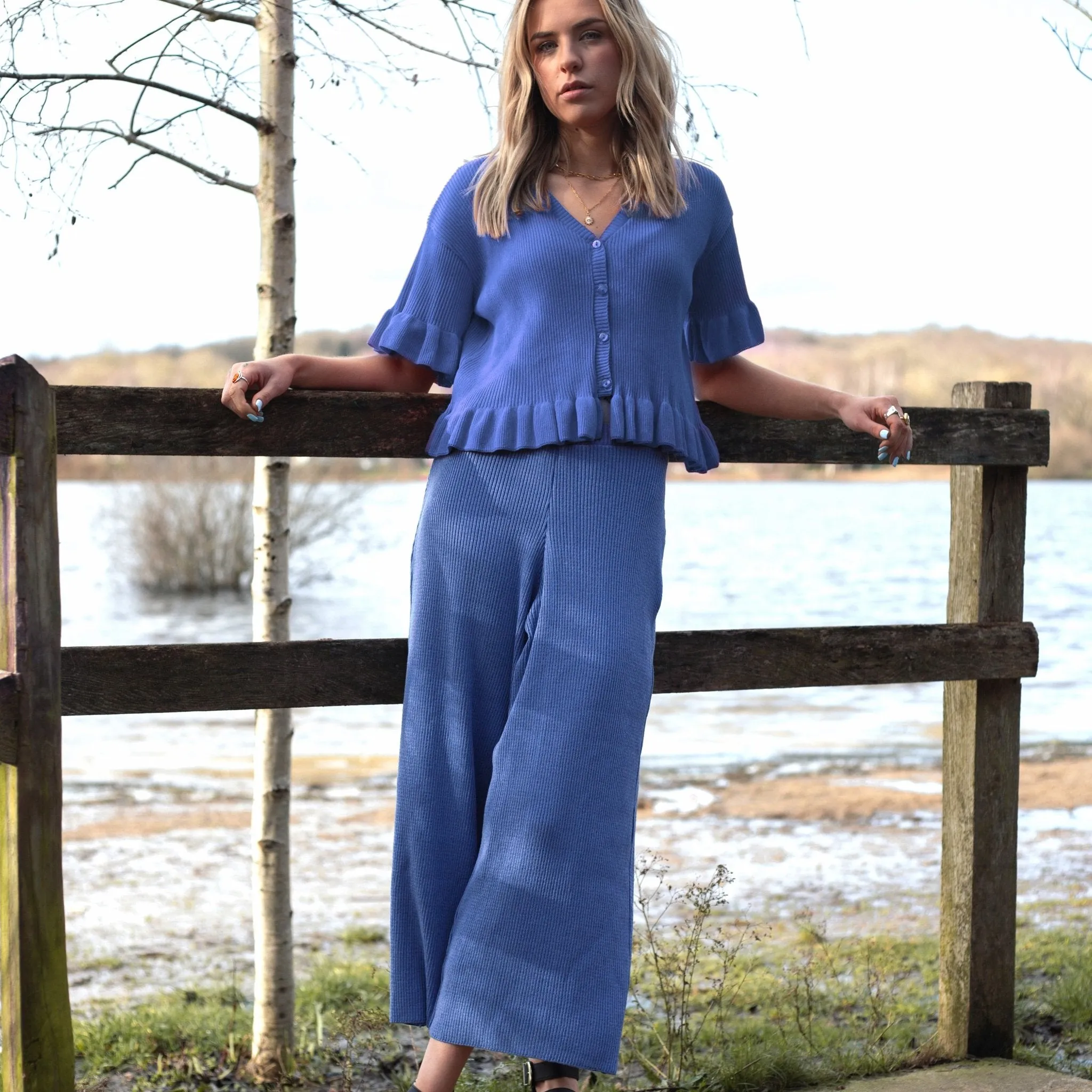 Martha Wide Leg Knitted Trousers - Cornflower Blue