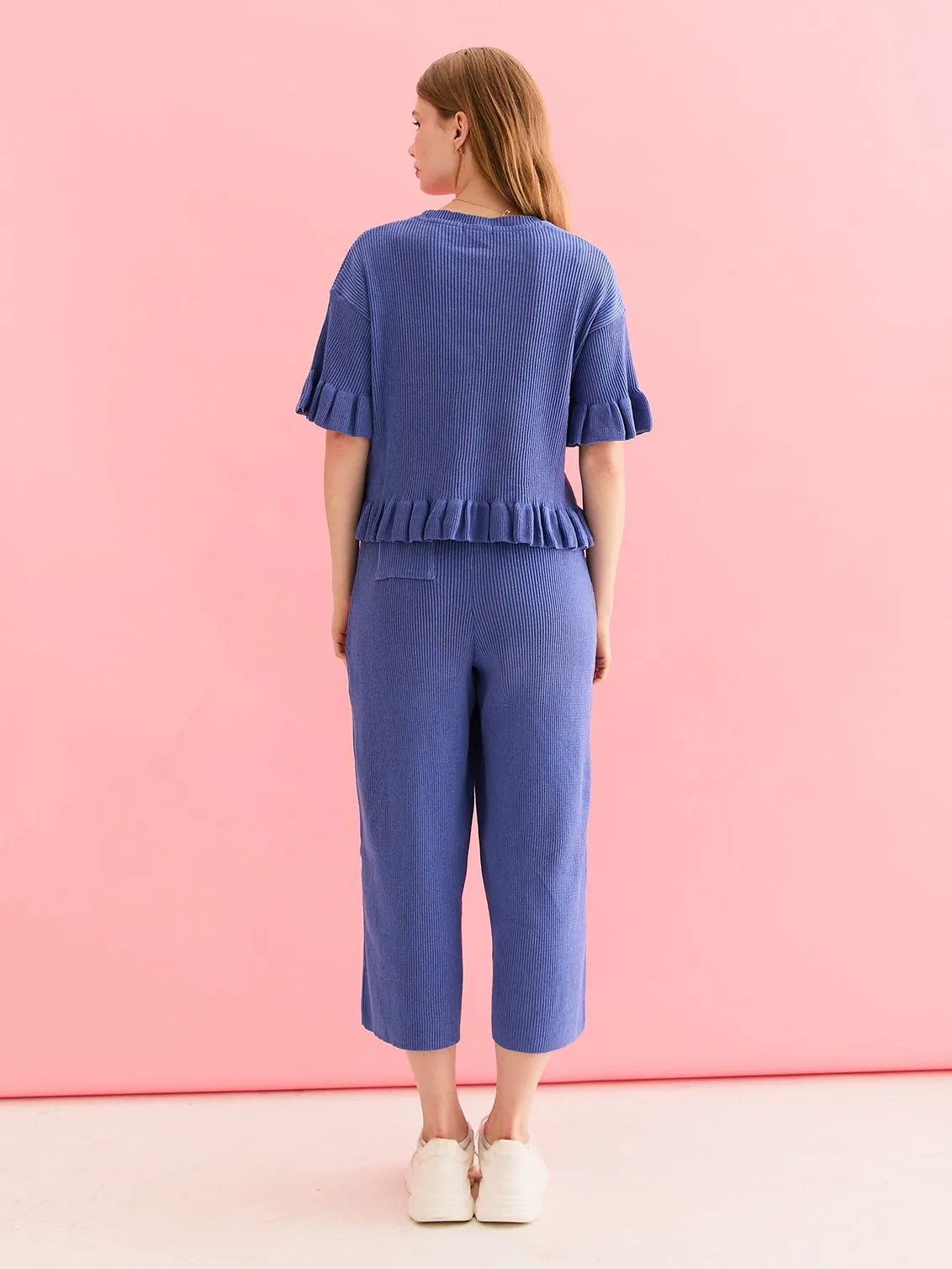 Martha Wide Leg Knitted Trousers - Cornflower Blue