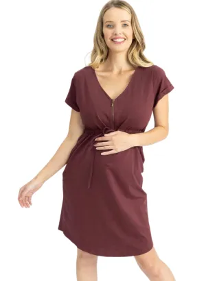 Maternity & Nursing Zipper Drawstring Dress - Burgundy