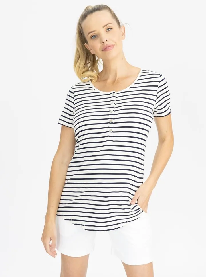 Maternity Nursing Tee with Button Front - Navy Stripes