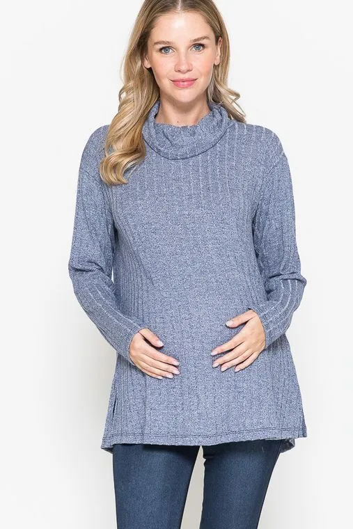 Maternity Open Back Turtle Neck Long Sleeve Ribbed Top