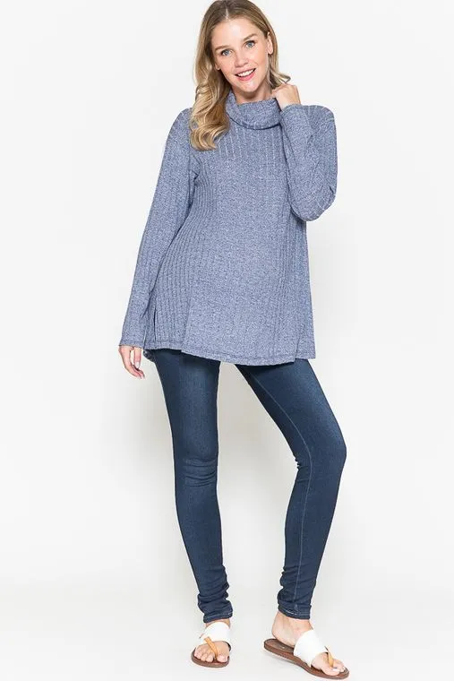 Maternity Open Back Turtle Neck Long Sleeve Ribbed Top