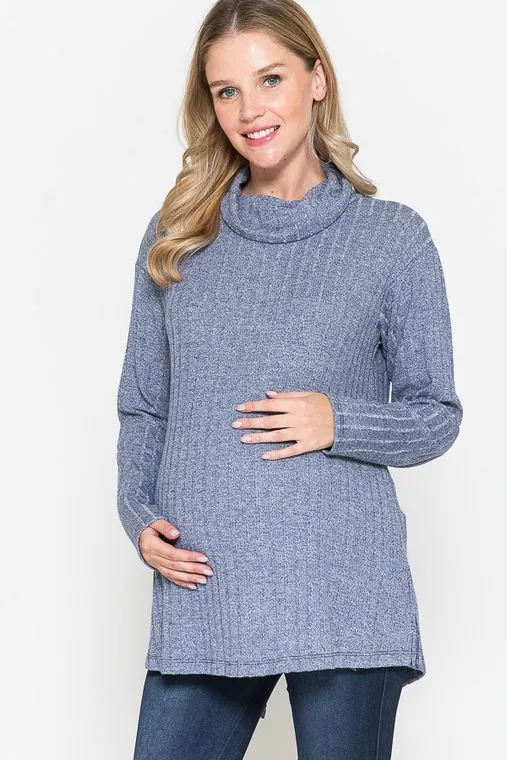 Maternity Open Back Turtle Neck Long Sleeve Ribbed Top